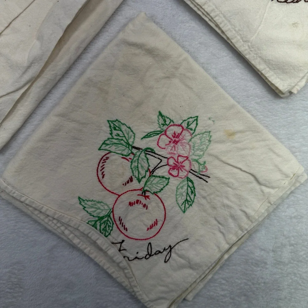 Vintage Tea Towels Days the Week Fruit Hand Embroidered Set of 5 Cream Kitschy